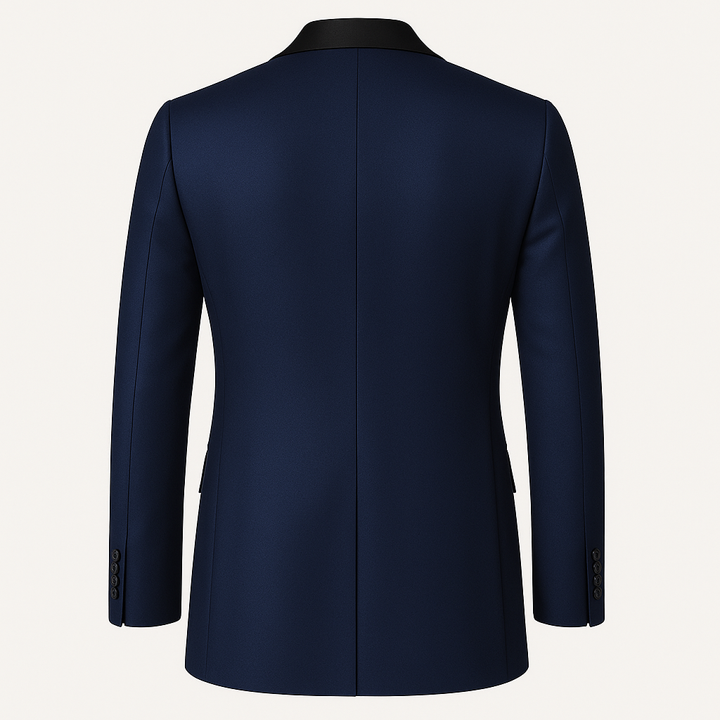 Navy Blue Double-Breasted Tuxedo with Black Satin Peak Lapel
