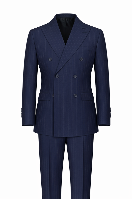 Navy Pinstripe Double-Breasted Suit in Terry Wool