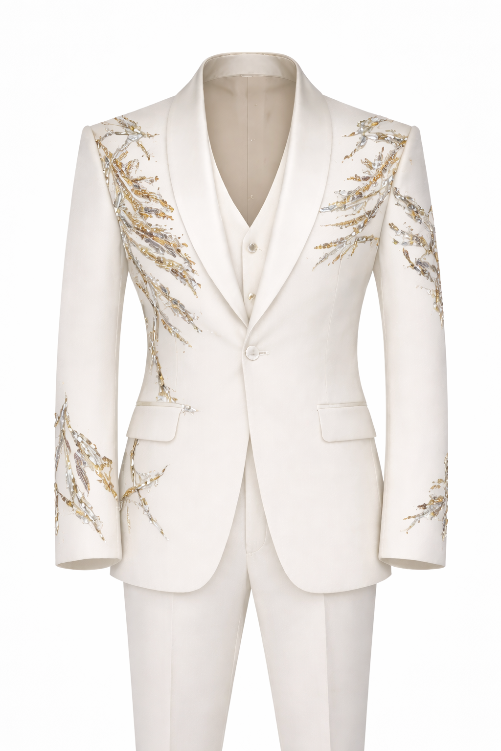 Ivory Designer Tuxedo in Premium Armani Fabric with Gold Embroidery – Luxury Wedding & Reception Suit for Men