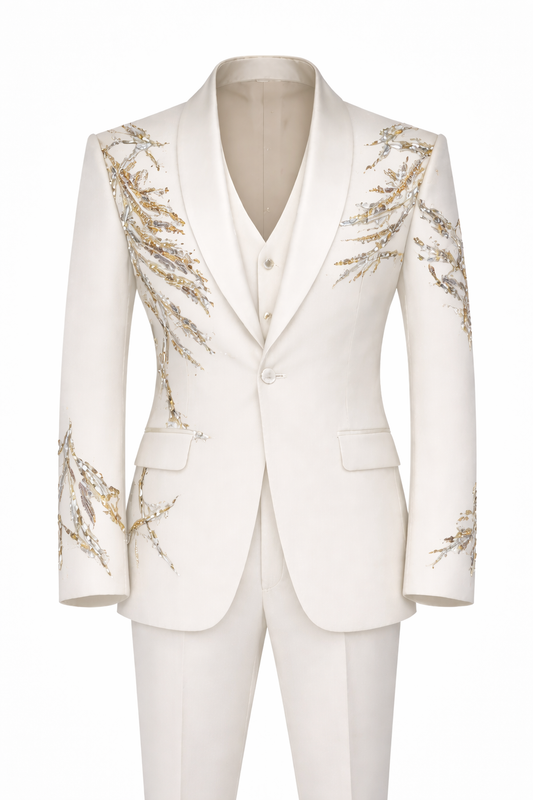 Ivory Designer Tuxedo in Premium Armani Fabric with Gold Embroidery – Luxury Wedding & Reception Suit for Men