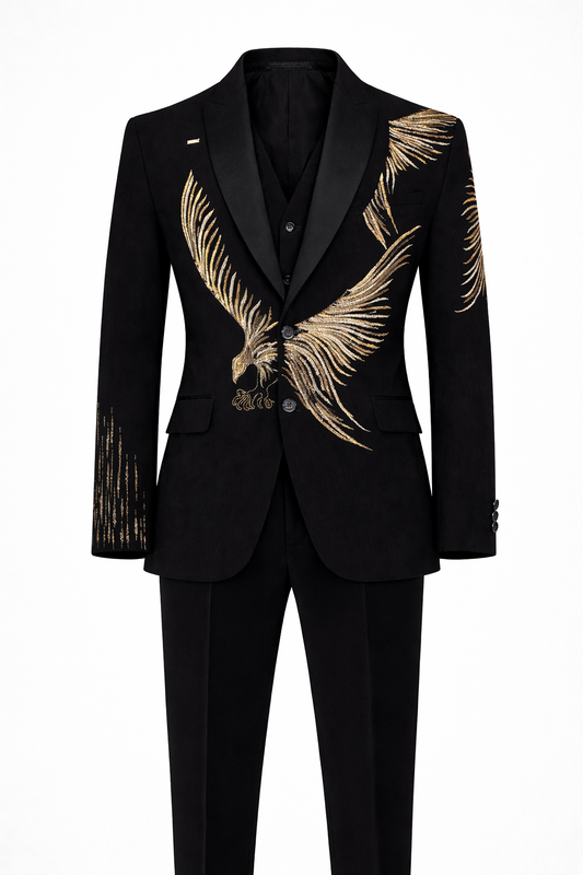 Black Phoenix Embroidered Tuxedo Suit in Imported Armani Fabric