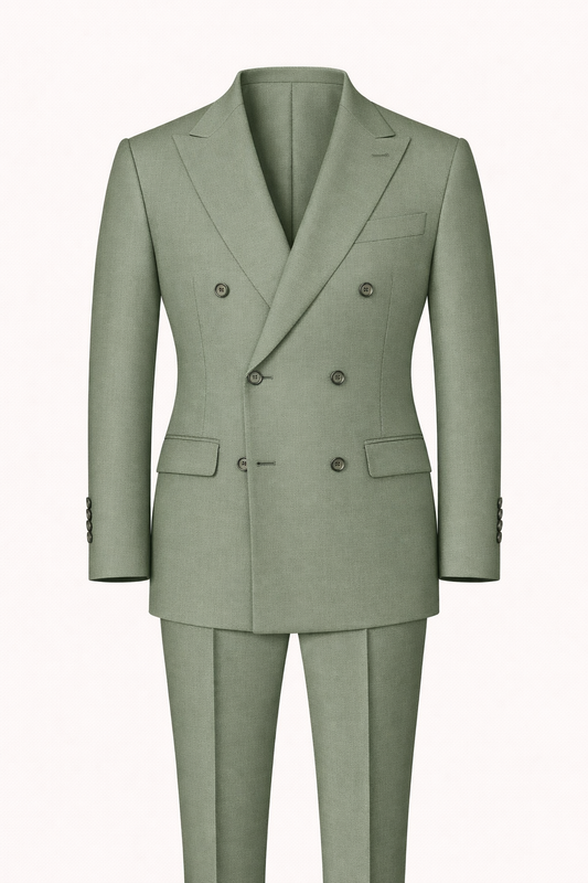 Olive Green Double-Breasted Terry Wool Suit