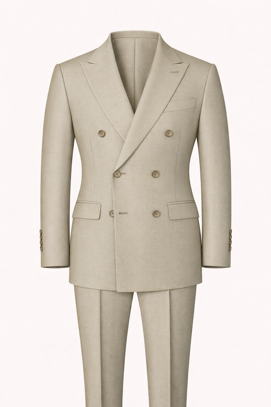 Beige Double-Breasted Terry Wool Suit