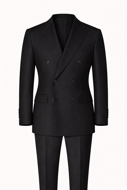 Classic Black Double-Breasted Terry Wool Suit
