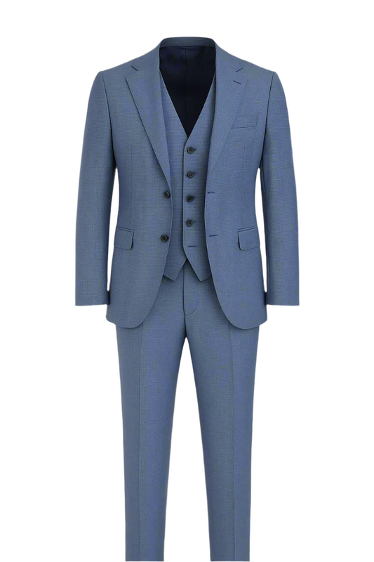 Elegant Sky Blue 3-Piece Terry Wool Suit with Micro Checks – Old Money Elegance
