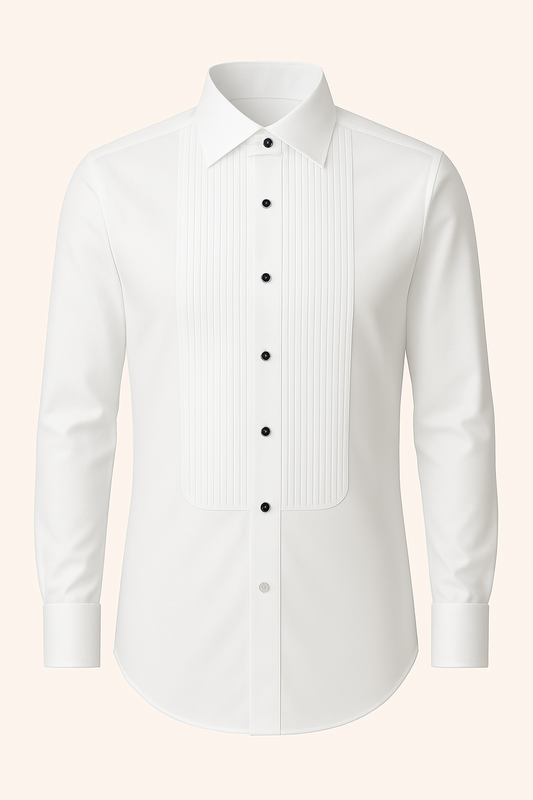 White Giza Cotton Tuxedo Shirt with Pleated Front & Double Cuffs