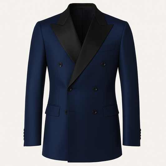 Navy Blue Double-Breasted Tuxedo with Black Satin Peak Lapel