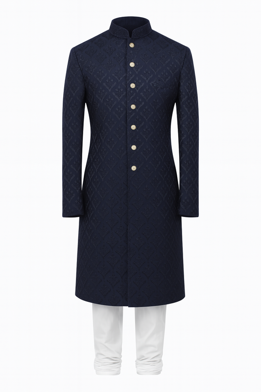 Navy Blue Embroidered Sherwani with Cotton Silk Churidar – Premium Wedding & Festive Wear