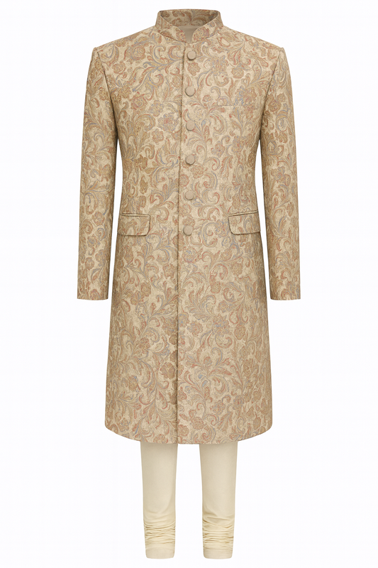 Beige Jacquard Embroidered Sherwani Set with Cotton Silk Churidar