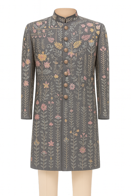 Green Floral Hand-Embroidered Sherwani with Cream Bottom