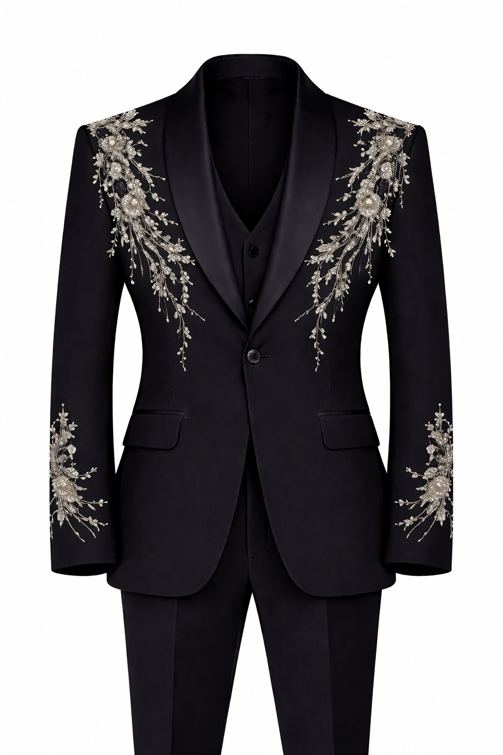 Black Designer Tuxedo in Premium Armani Fabric with Silver Embroidery – Luxury Wedding & Reception Suit for Men