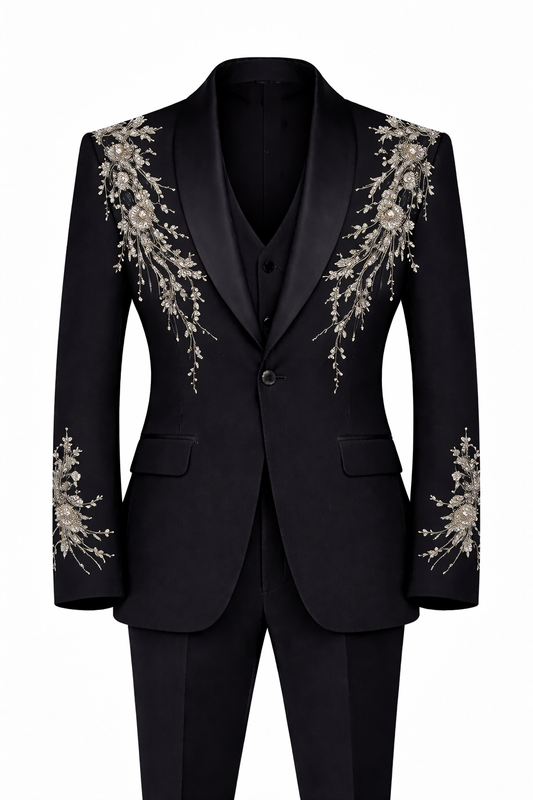 Black Designer Tuxedo in Premium Armani Fabric with Silver Embroidery – Luxury Wedding & Reception Suit for Men
