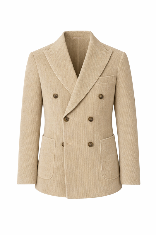 Beige Corduroy Tailored Double Breasted Blazer