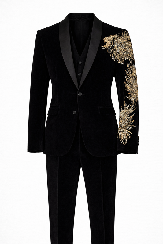 Black Lion Embroidered Tuxedo Suit in Imported Armani Fabric