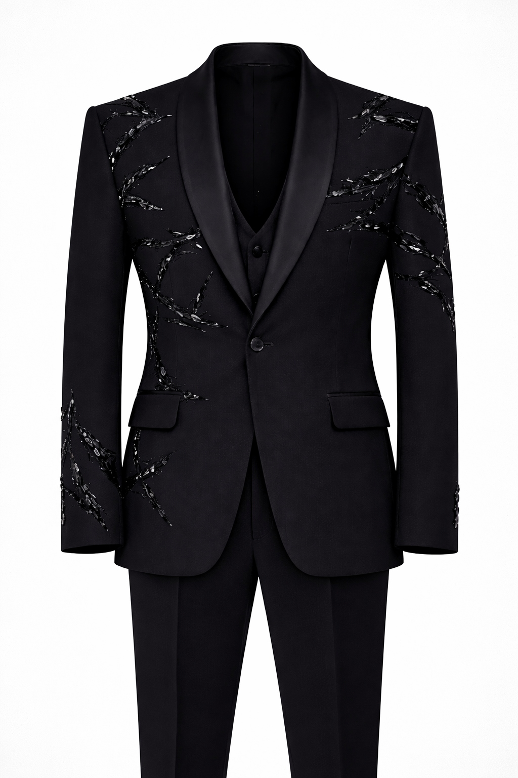 Black Onyx Embroidered Tuxedo Suit in Imported Armani Fabric