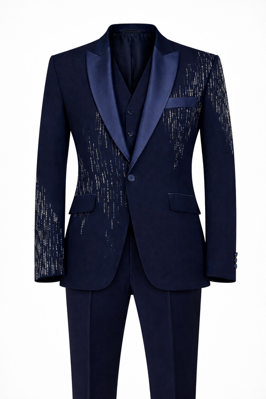 Midnight Blue Embroidered Tuxedo Suit in Imported Armani Fabric
