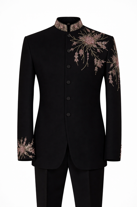 Black Celestial Embroidered Bandhgala in Imported Armani Fabric