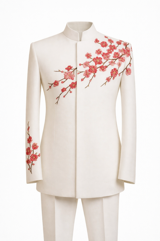 Ivory Blossom Embroidered Bandhgala in Imported Armani Fabric