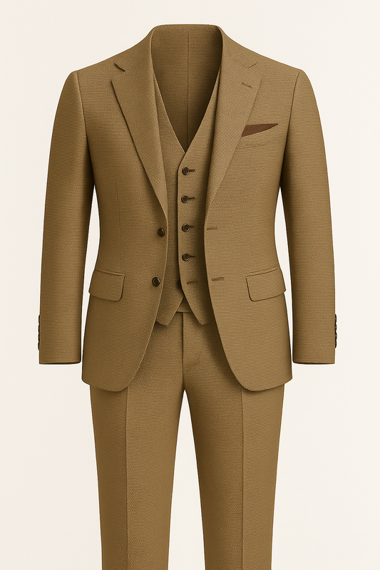 Classic Light Brown 3-Piece Terry Wool Suit with Micro Checks – Old Money Elegance